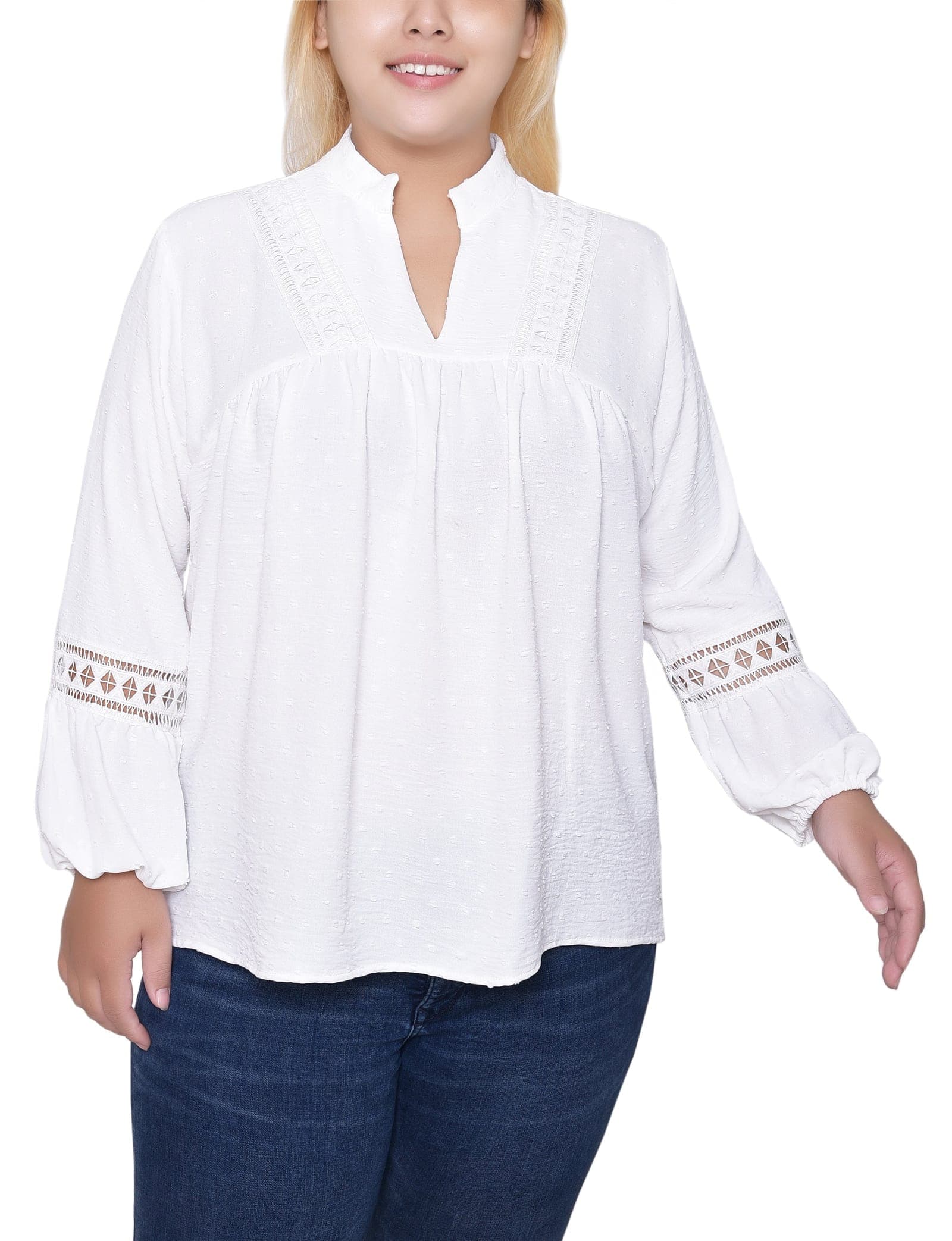 Plus Size Long Sleeve Blouse with Crochet Trim