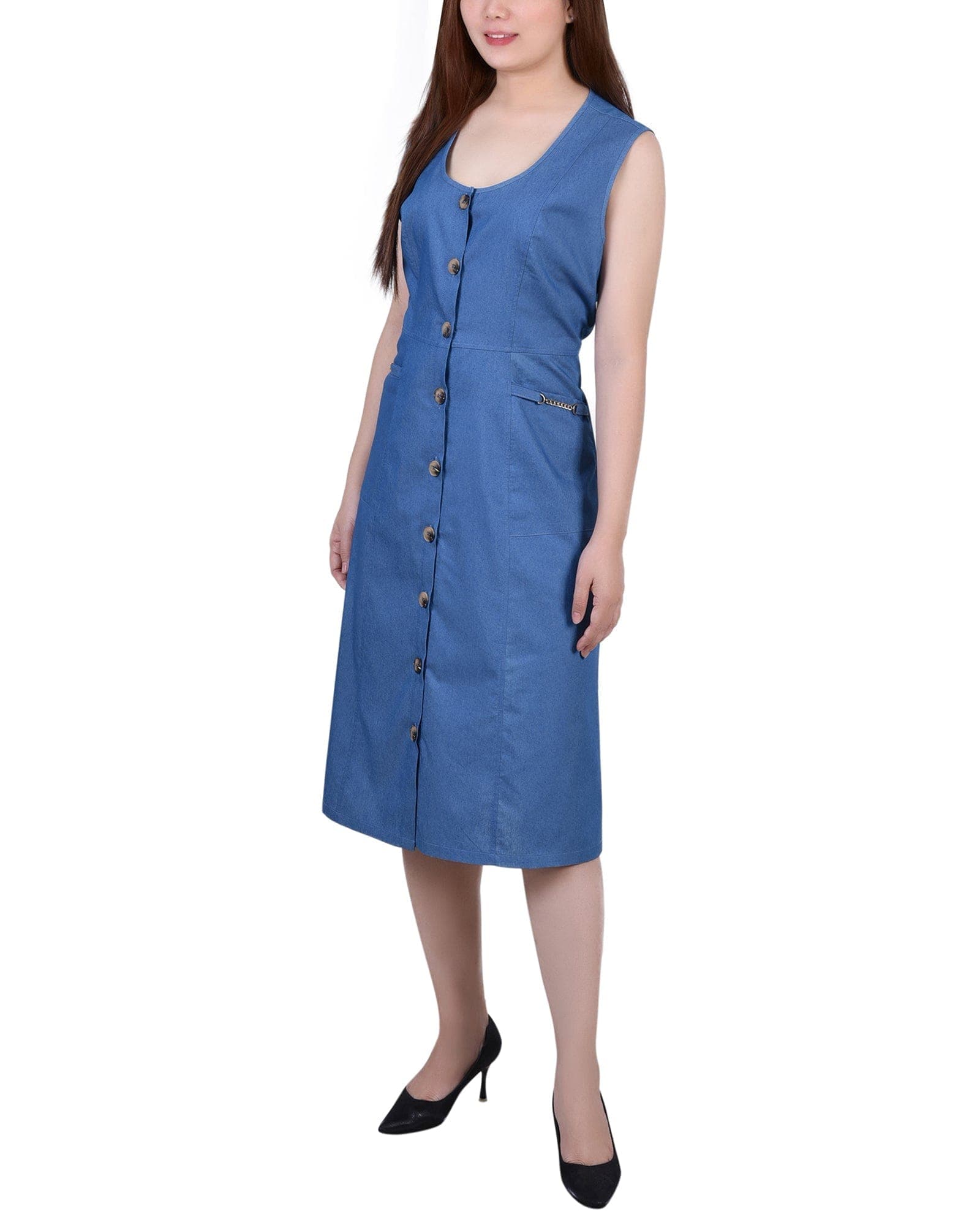 Sleeveless Belted Chambray Dress