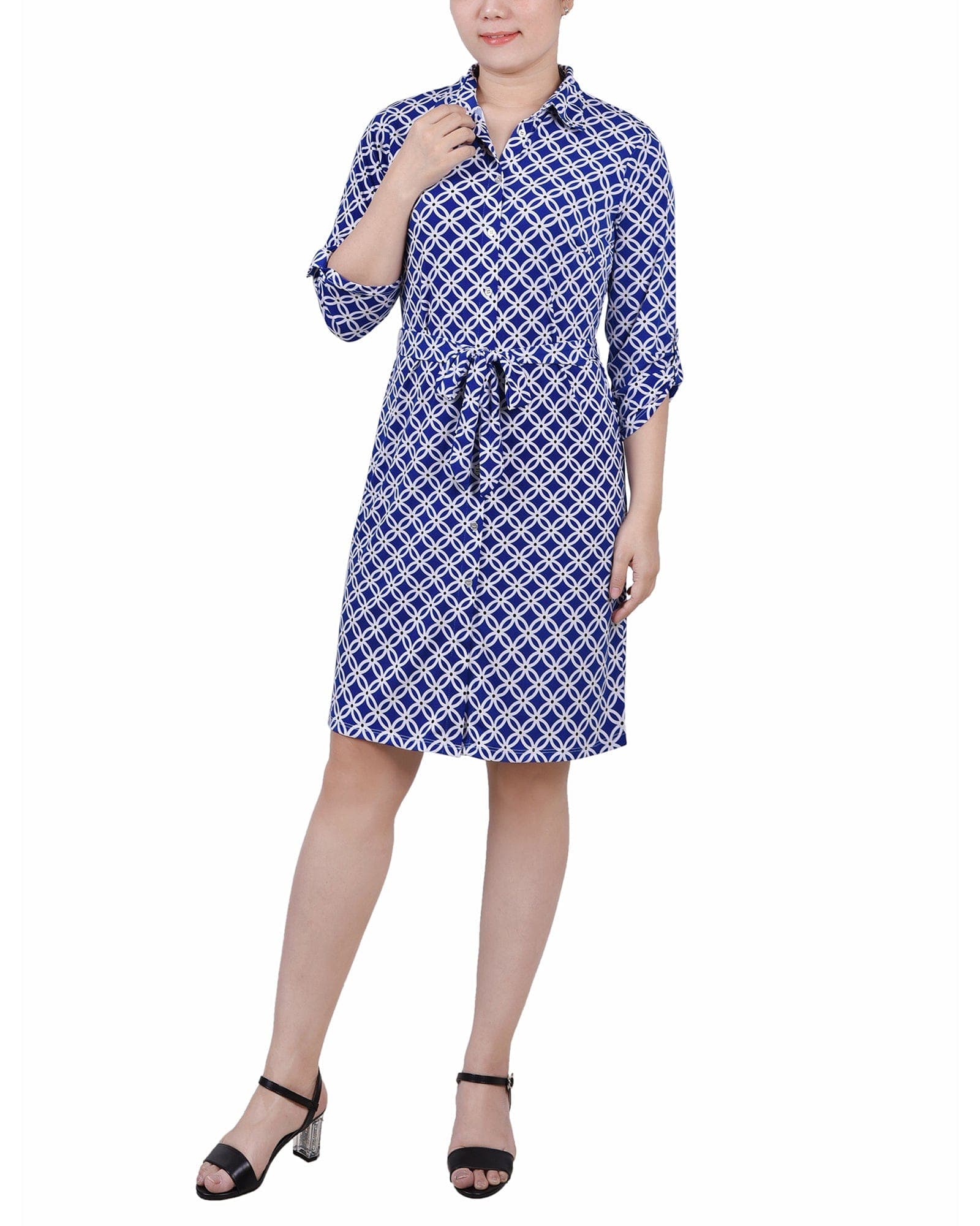 Petite 3/4 Roll Tab Sleeve Collared Dress