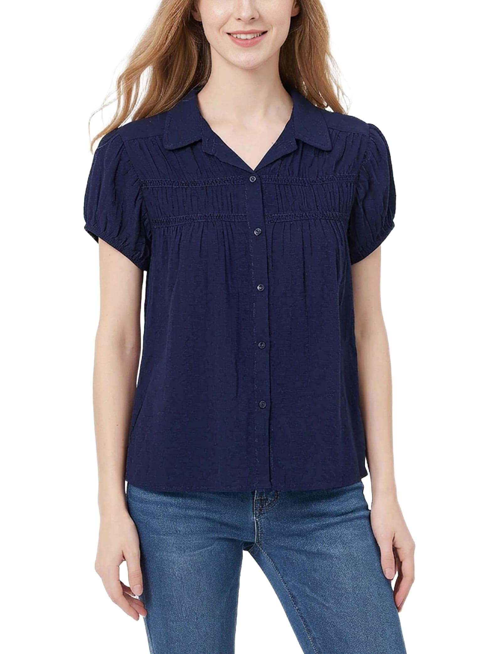 Petite Cap Slv Rouched Yoke Blouse