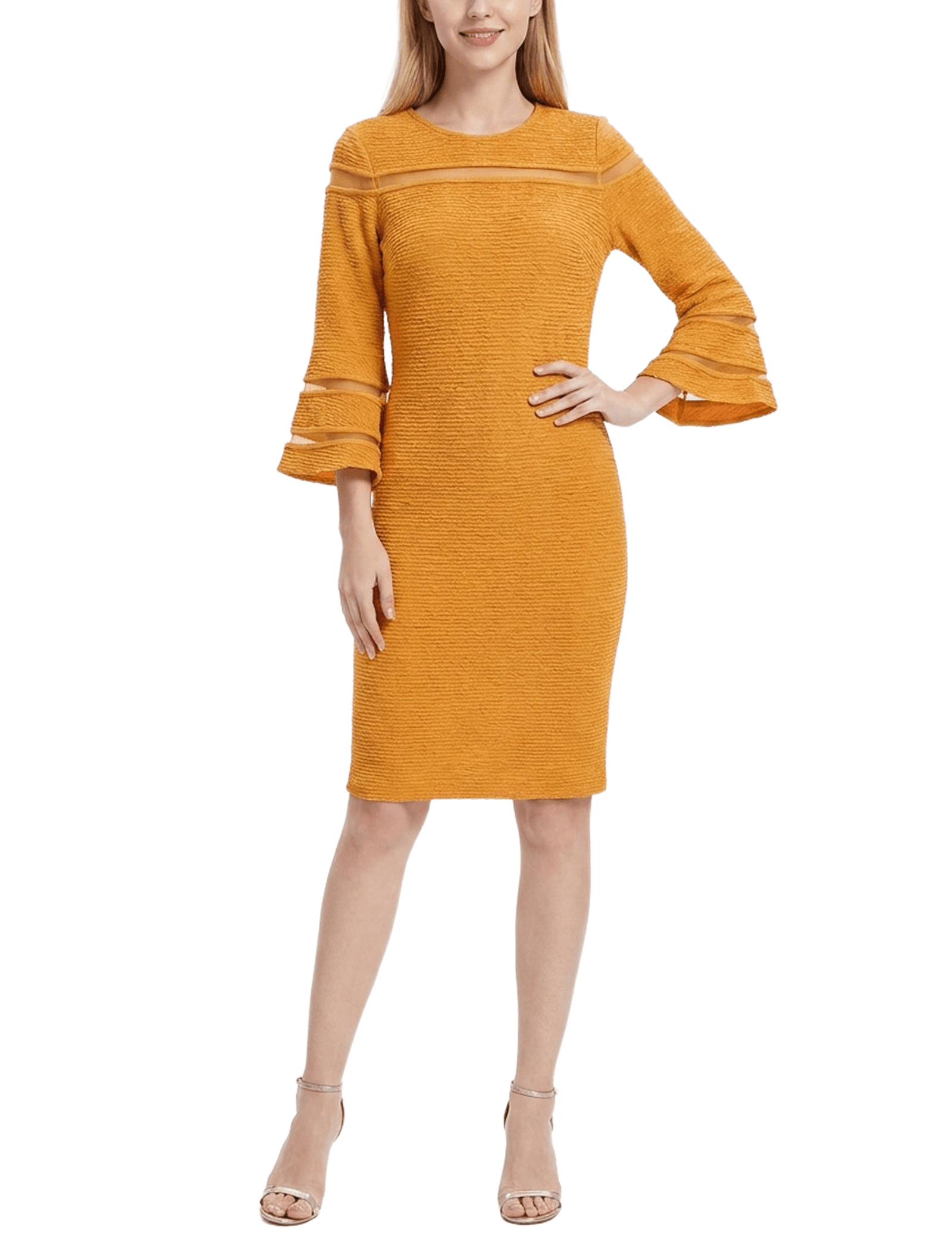 Petite Long Bell Sleeve Dress with Contrast Striping
