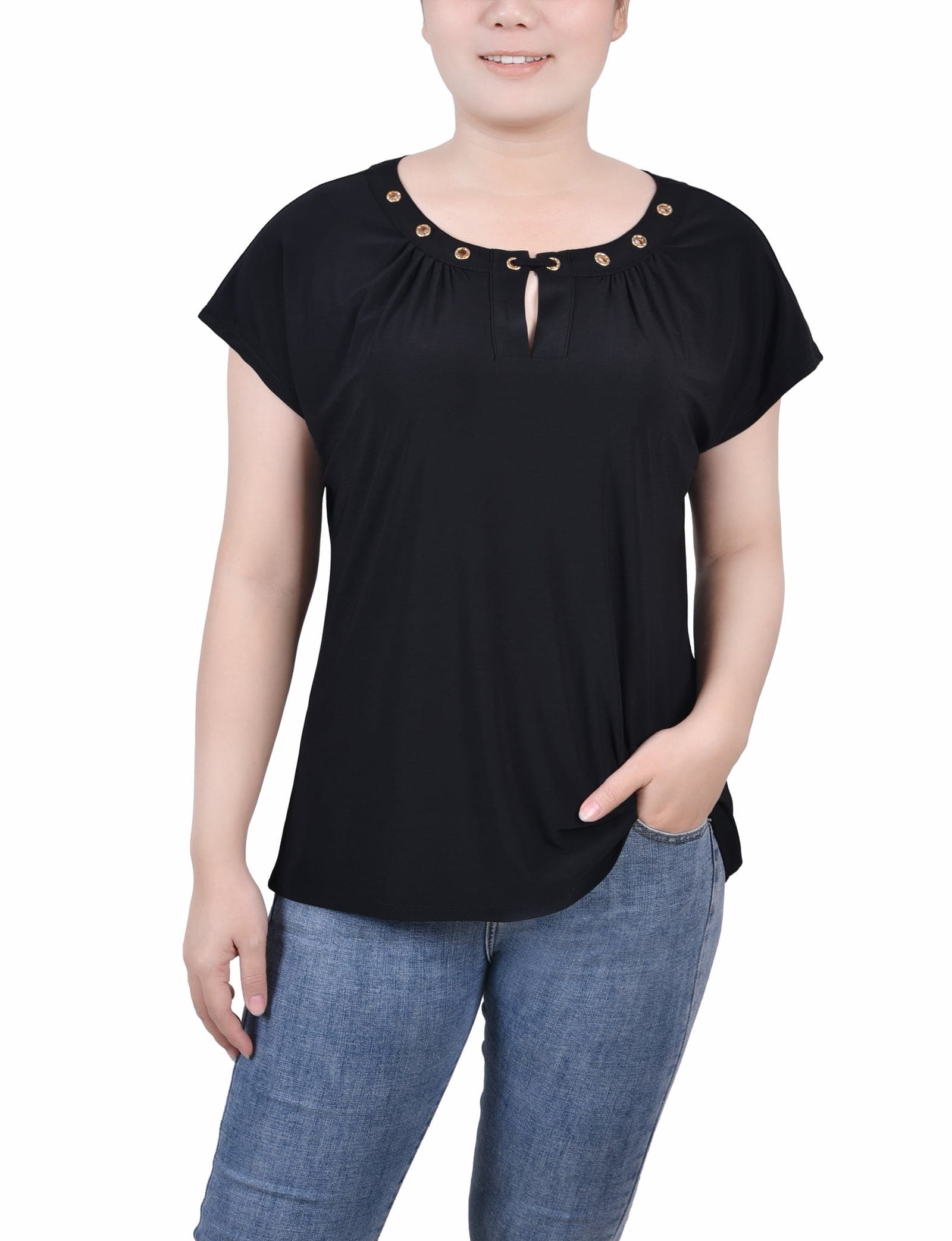 Short Extended-Sleeve Grommet Neck Knit Top