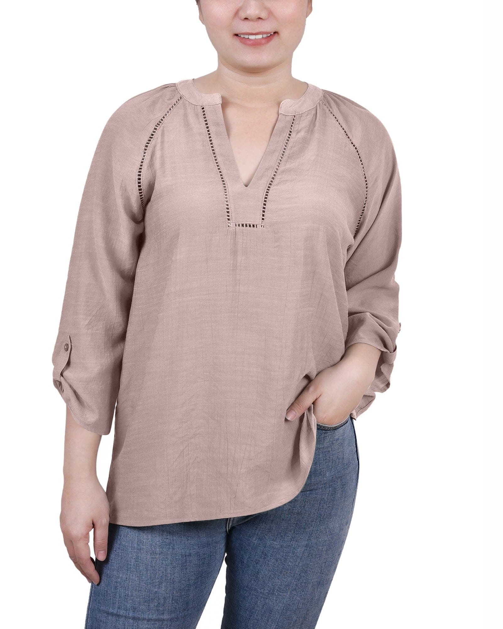 Raglan Sleeve Split-Neck Blouse