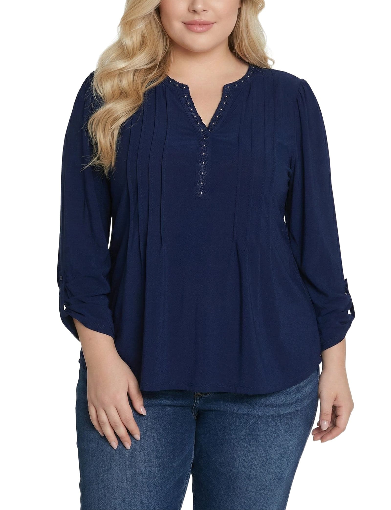 Plus Size Long Sleeve Pleat Front Roll Tab Top