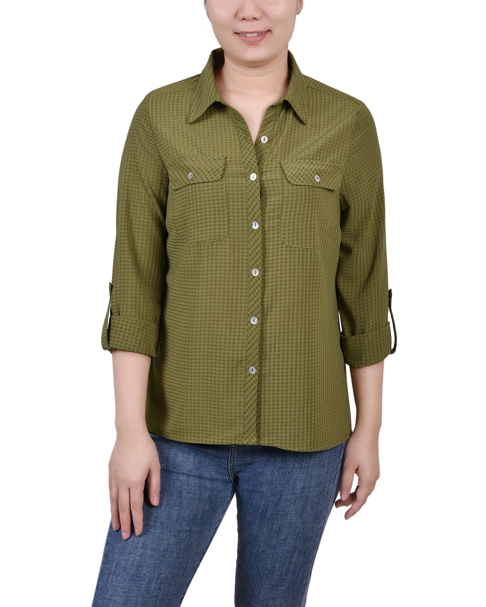 3/4 Sleeve Windowpane Blouse