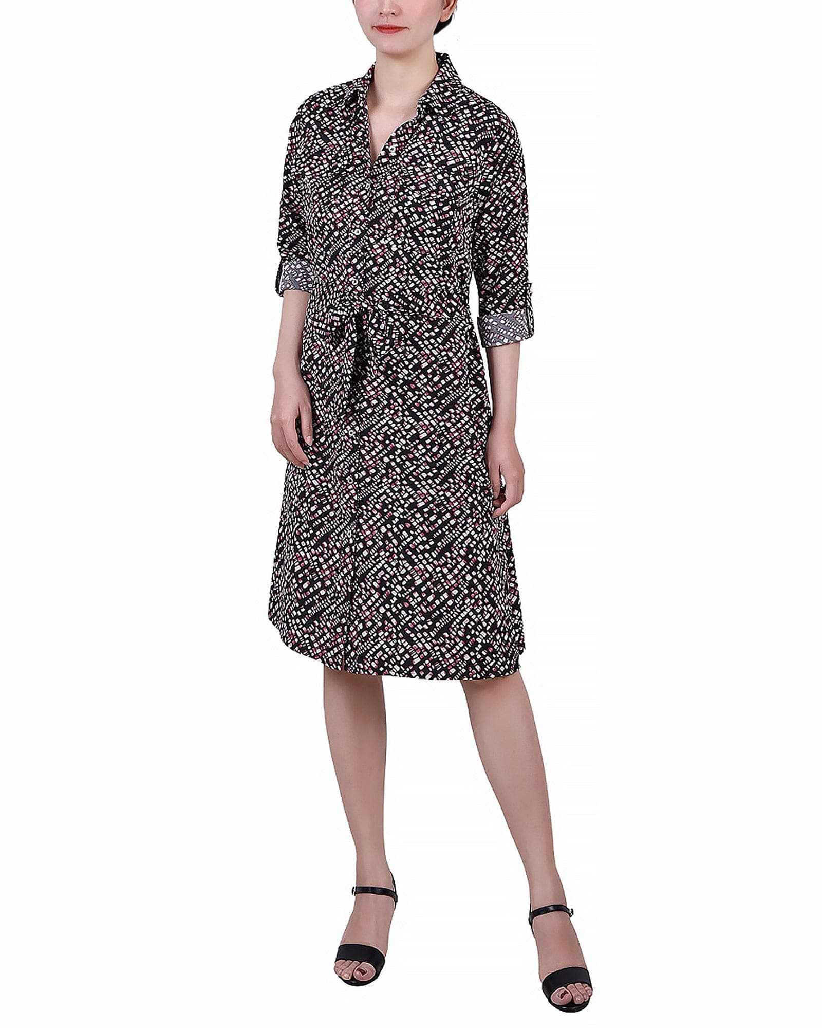 Petite 3/4 Roll Tab Sleeve Belted Shirtdress