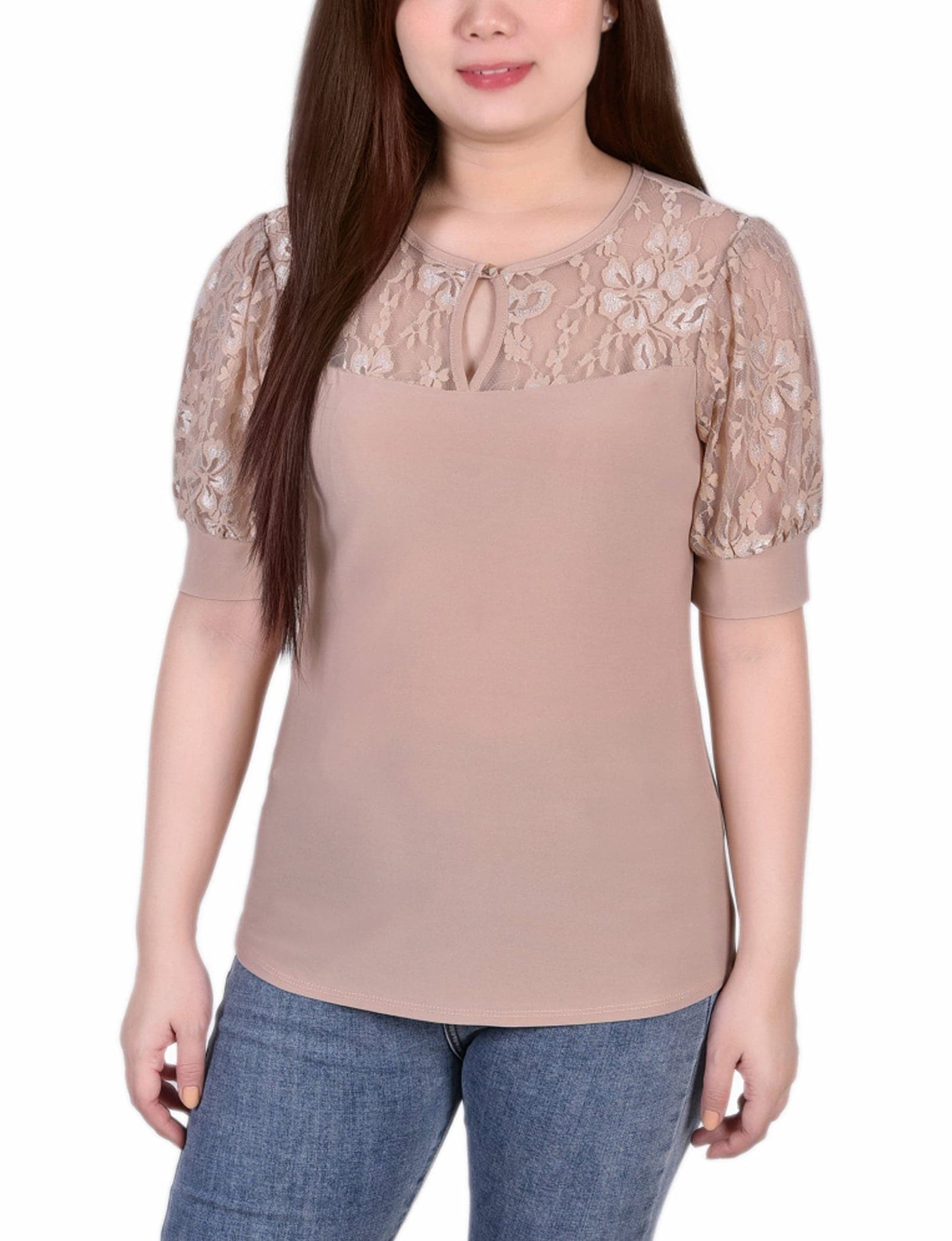 Petite Short Puff Sleeve Top with Lace Sleeves and Yoke