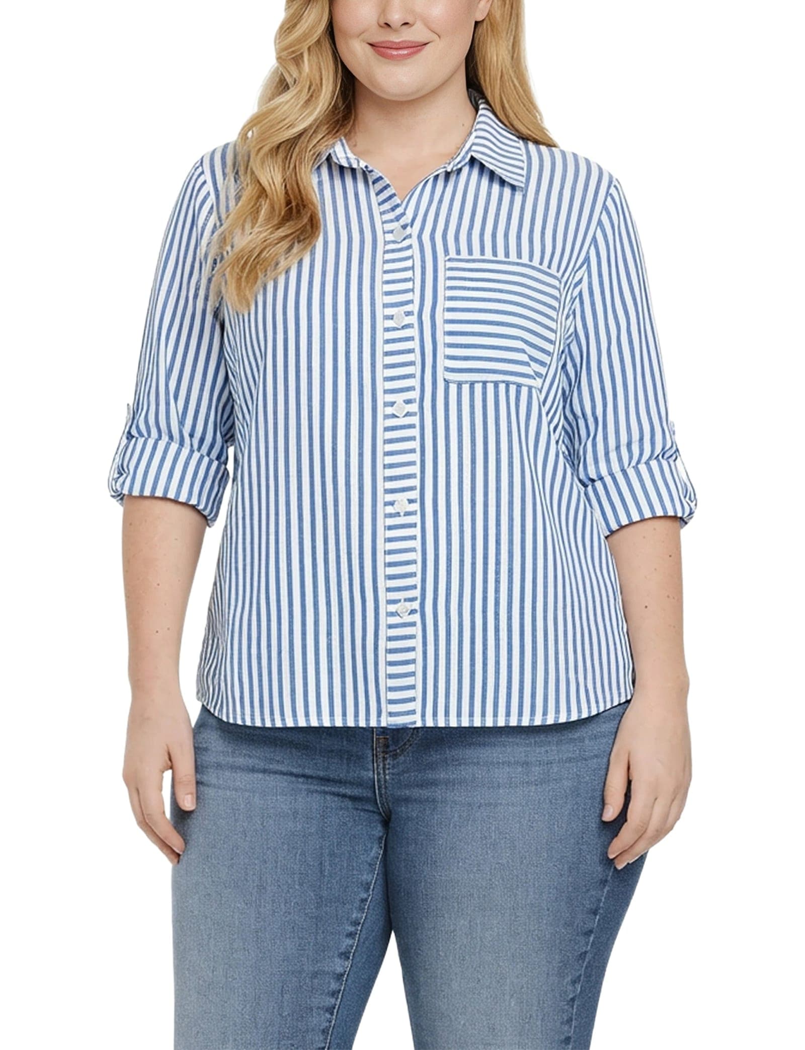Plus Size 3/4 Sleeve Roll Tab Blouse