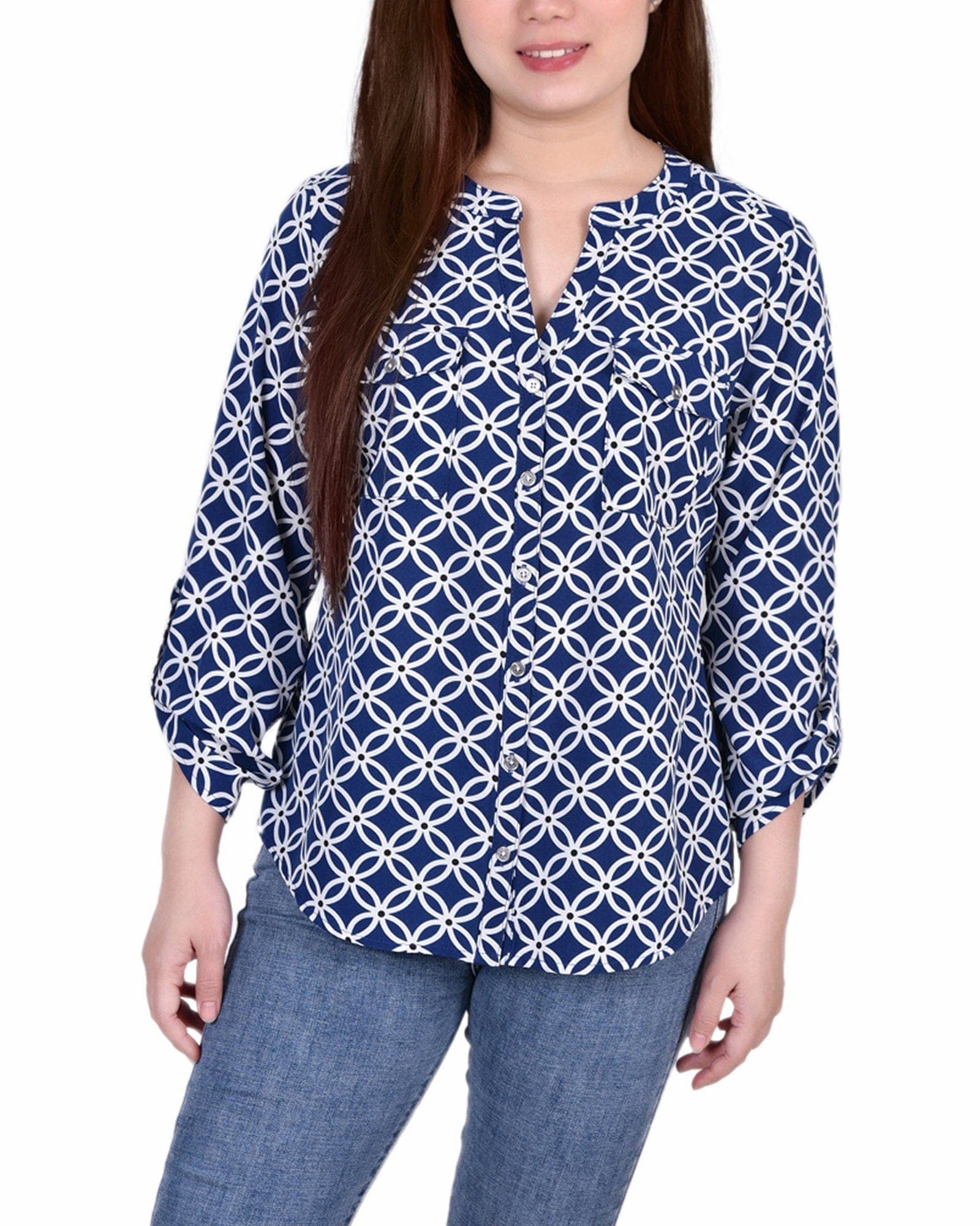 Petite 3/4 Sleeve Roll Tab Y Neck Blouse