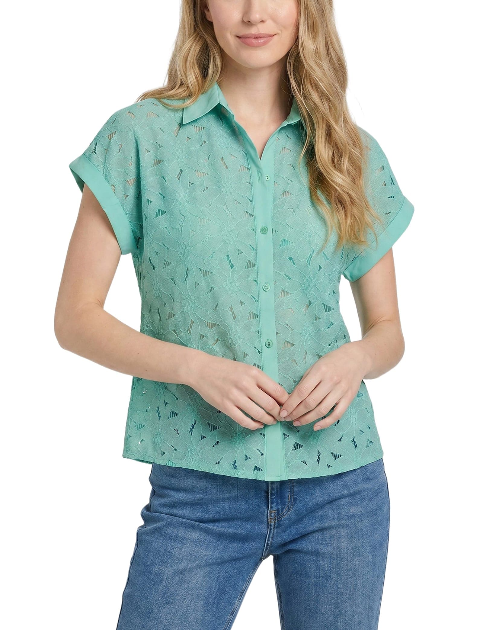 Petite Short Sleeve Eyelet Blouse