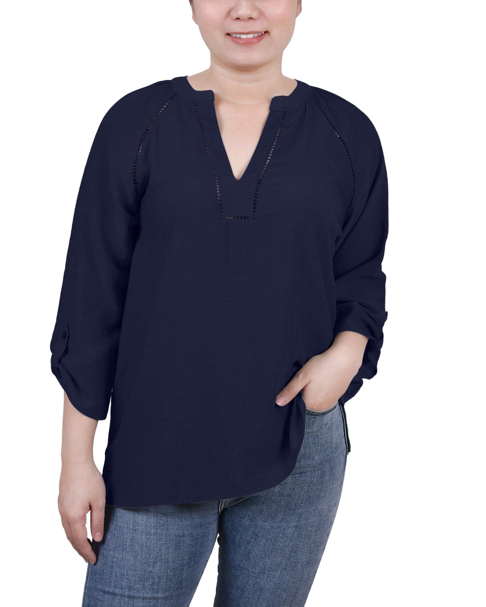 Petite Raglan Sleeve Split-Neck Blouse