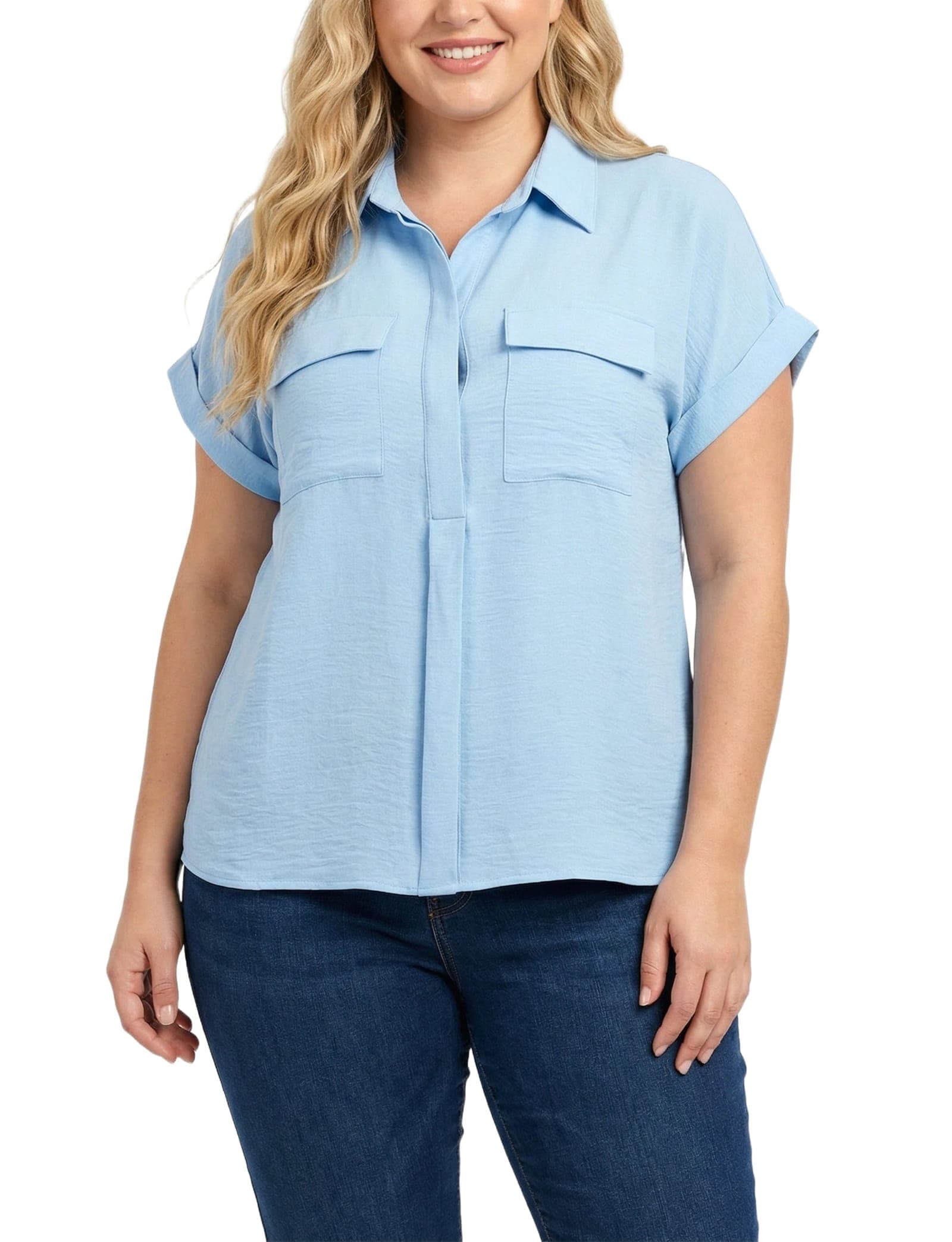 Plus Size Short Sleeve Roll Cuff Blouse