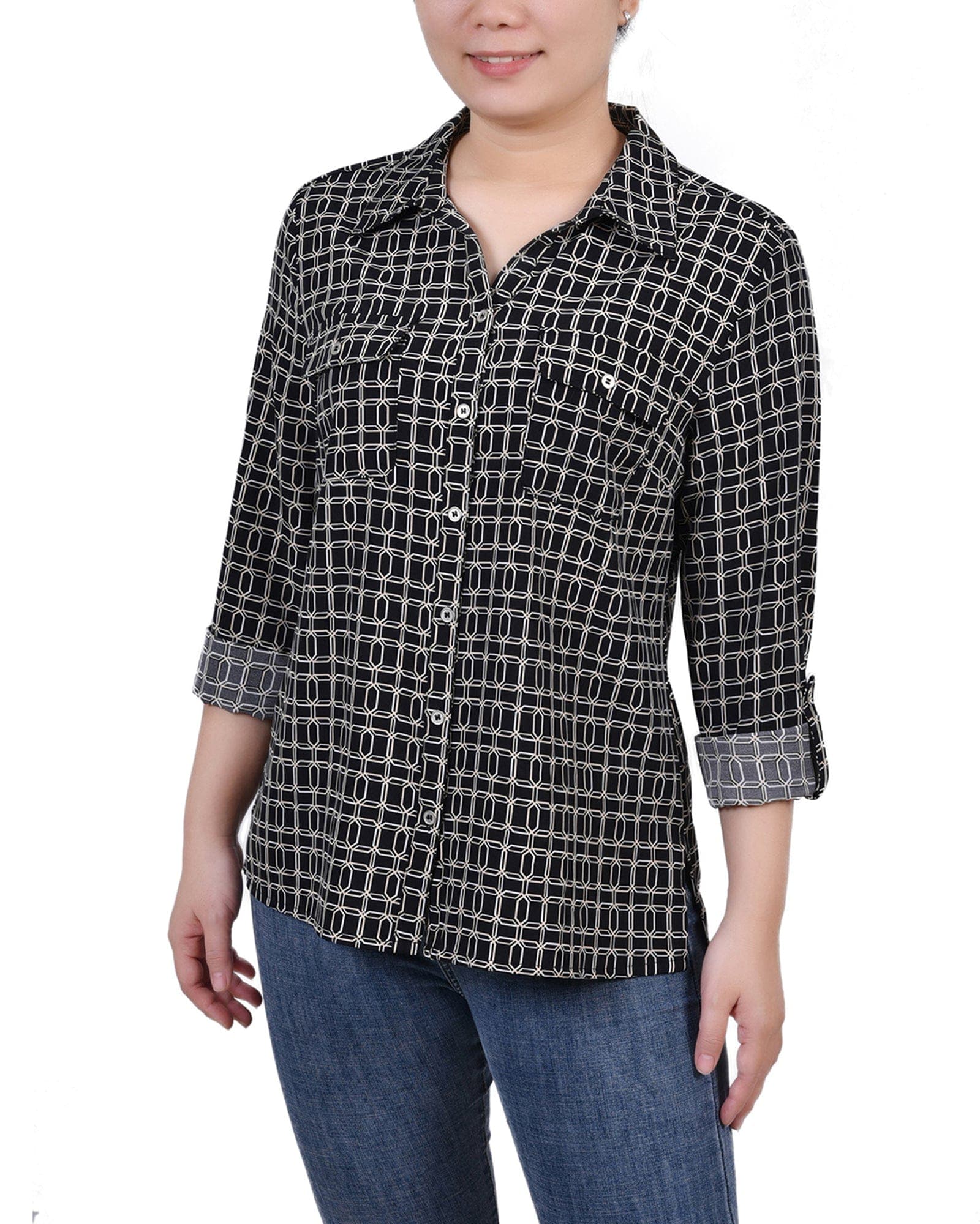 Petite 3/4 Roll Tab Blouse with Pockets
