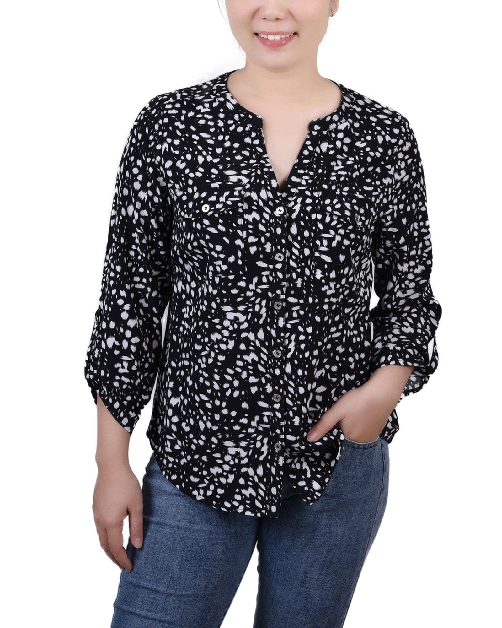 Petite 3/4 Sleeve Roll Tab Y Neck Blouse